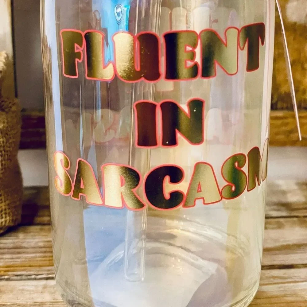 NWT Sheffield Home “FLUENT IN SARCASM”  Funny Glass Sipper with Wood Lid & Straw